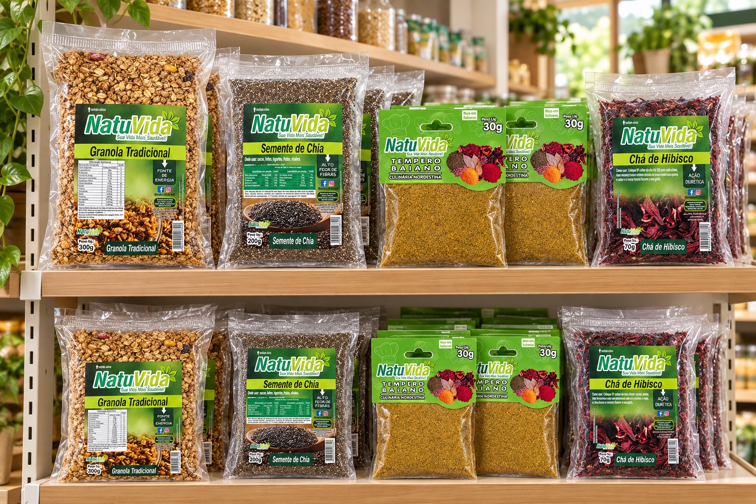 Simulação de produtos NATUVIDA organizados em prateleiras de ponto de venda